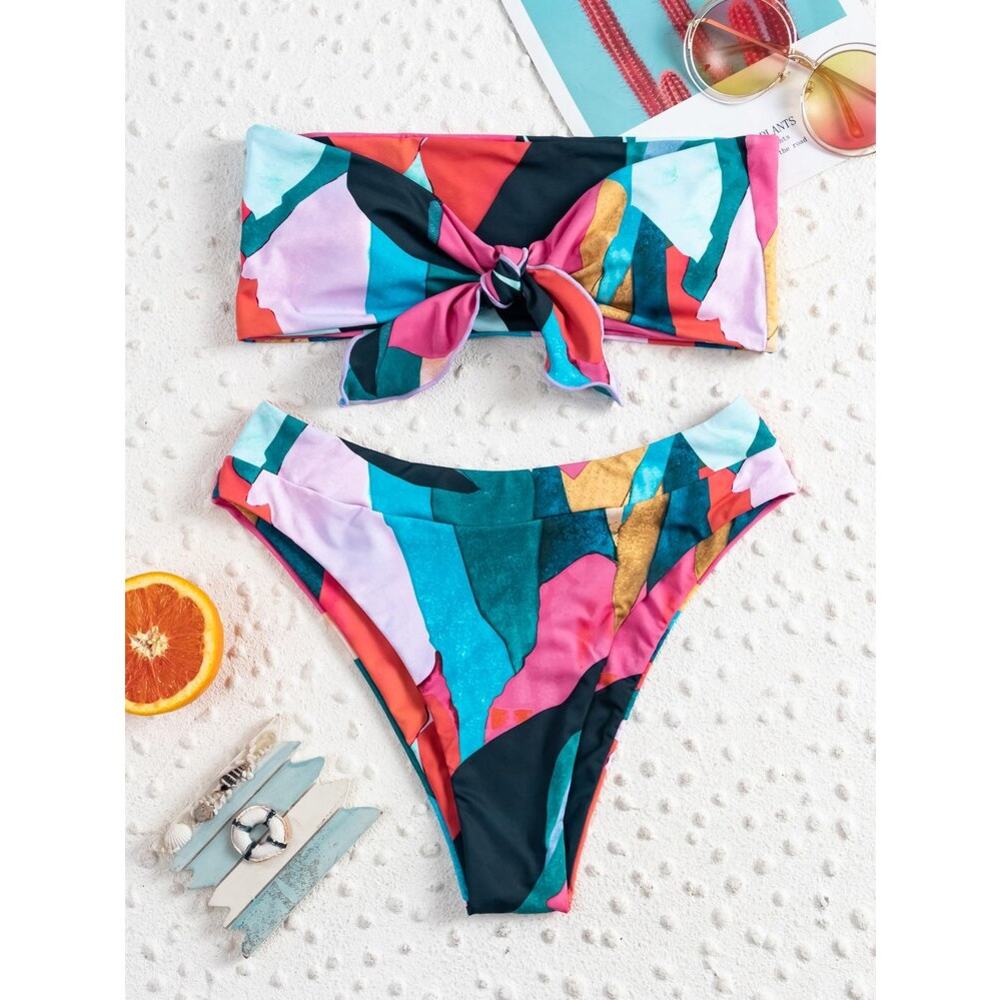 SHEIN Multicolor Abstract Print Bandeau Bikini Set